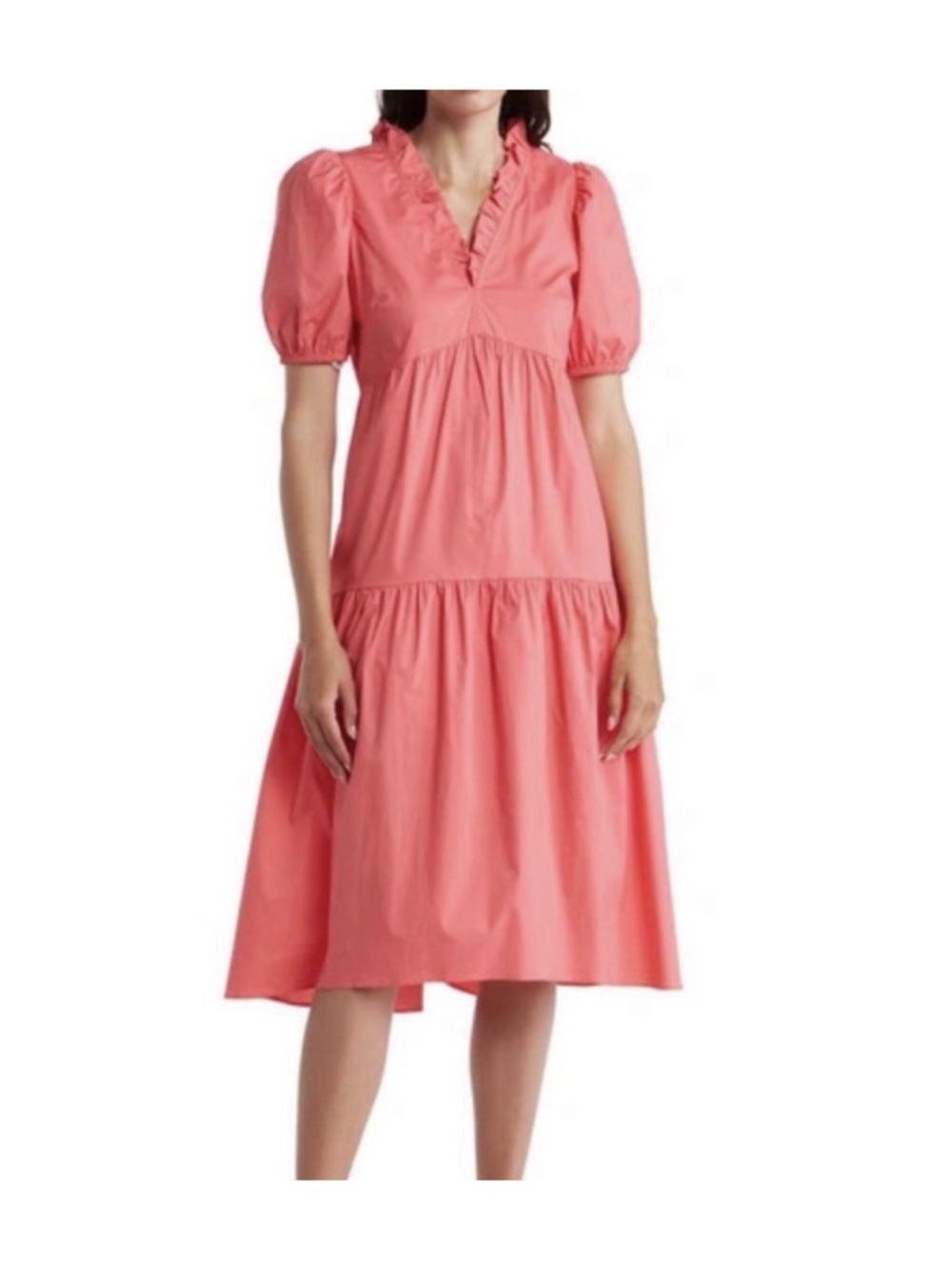 Donna Morgan Tiered Cotton Midi Dress with Ruffle Trim Coral Pink Cottagecore
